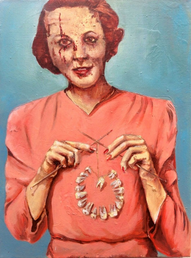 Zombie Knitting, oil on canvas 12 x 15 inch. (30 x 40 cm.) 2014