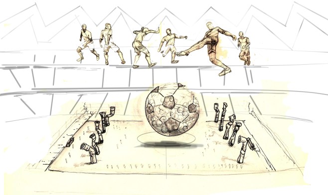 scenography in a stadium with inflatable players